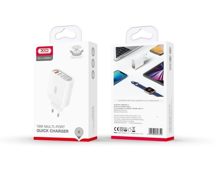 Xo L100(Uk) 4Usb Fast Charging Charger 1Usb Qc3.0+3Usb 2.4A With Lightning Cable(Nb103) (white)