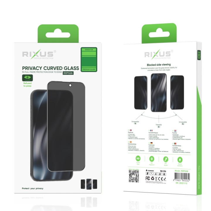 Rixus Privacy Full Curved Edge tempered Glass For Iphone 13, 13 Pro, 14, 16E tempered protection for smartphone