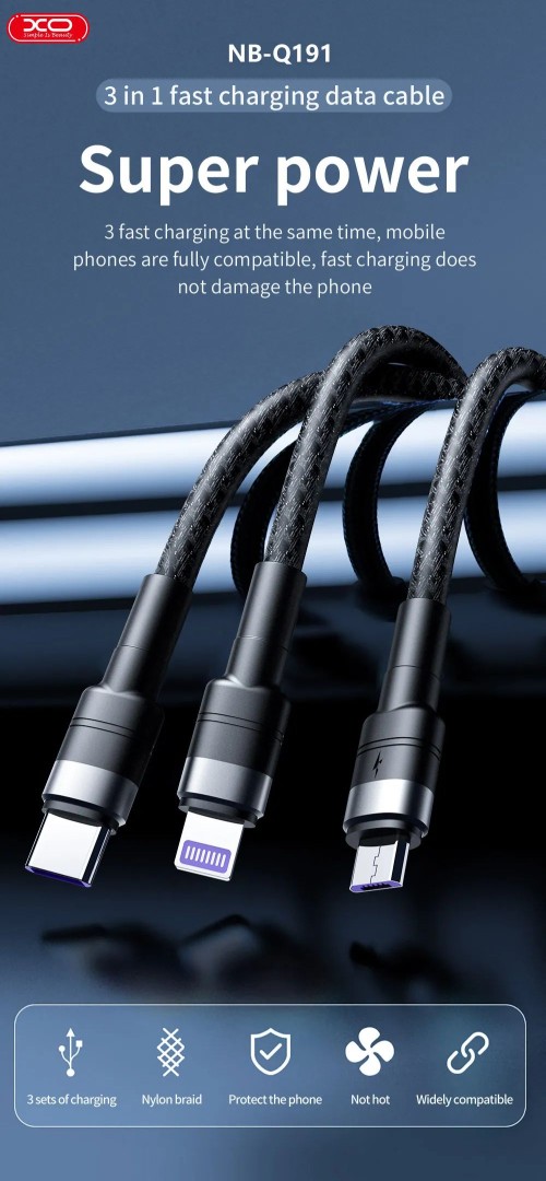 Xo Nb-Q191 3 In 1 40W Fast Charger Usb Cable 1.2M