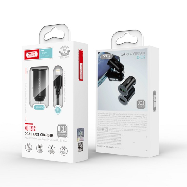 Xo Tz12 Qc3.0 18W Car Charger With Apple Cable -Black, Usb