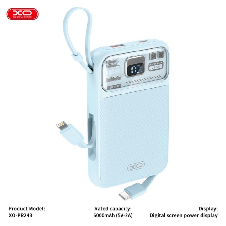Xo Pr243 3 Output & Built-In-Cable 10000Mah Power Bank Blue