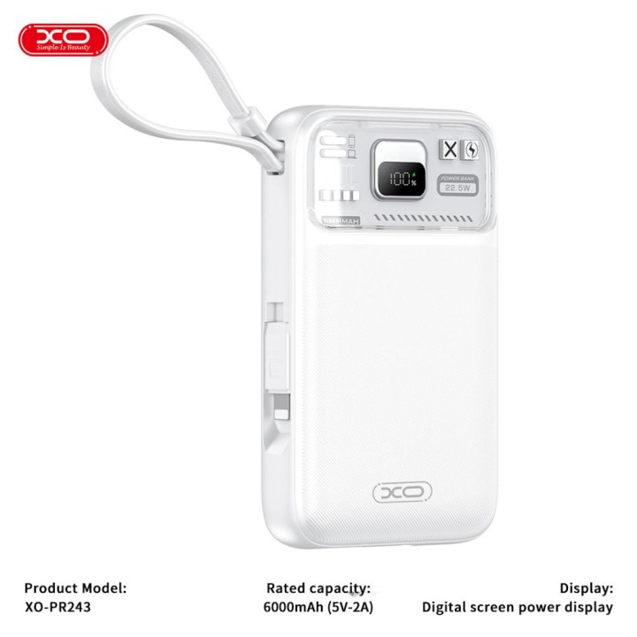 Xo Pr243 3 Output & Built-In-Cable 10000Mah Power Bank White