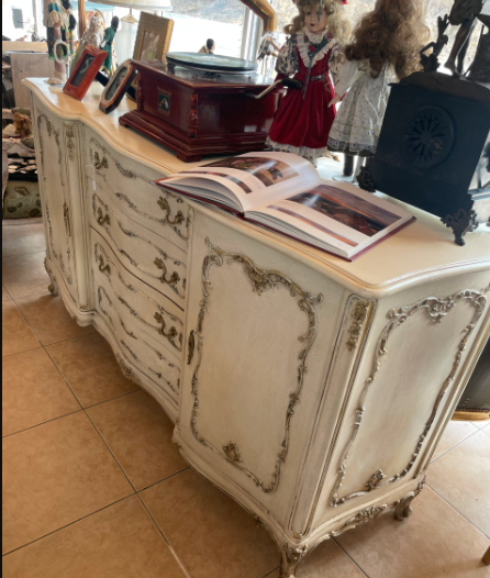 Antique Ornate Sideboard With Carved Details And Distressed White Finish 100Kg 177Cmx54Cmx91Cm (Wxlxh)