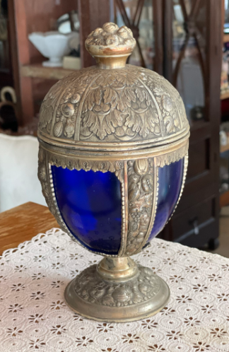 Antique Ornate Brass And Cobalt Blue Glass Covered Bowl  19Th Century 4Kg 10.5Cmx21Cm (Wxlxh)
