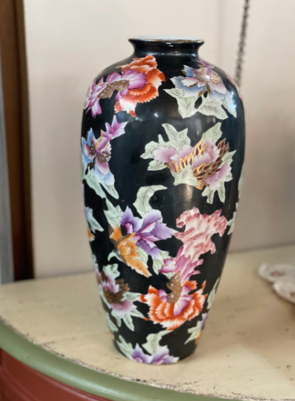 Vintage Black Porcelain Vase With Colorful Floral Motif & Gold Accents Circa 1980S 1.5Kg 19Cmx19Cmx34Cm (Wxlxh)