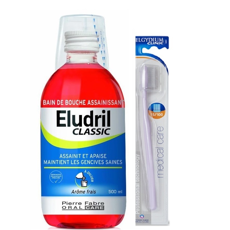 Eludril Classic Mouthwash 500 ml Elgydium Toothpaste 75ml And Toothbrush Clinic Soft