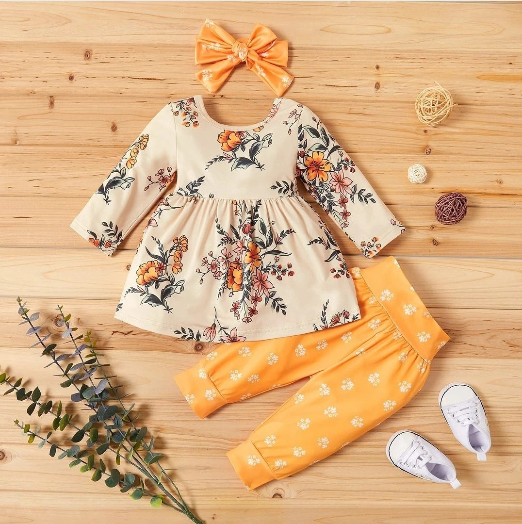 3-piece Baby Pretty Floral Dress Top and Polka Dots Pants with Headband Set for 4-5 Year's olds colored orange