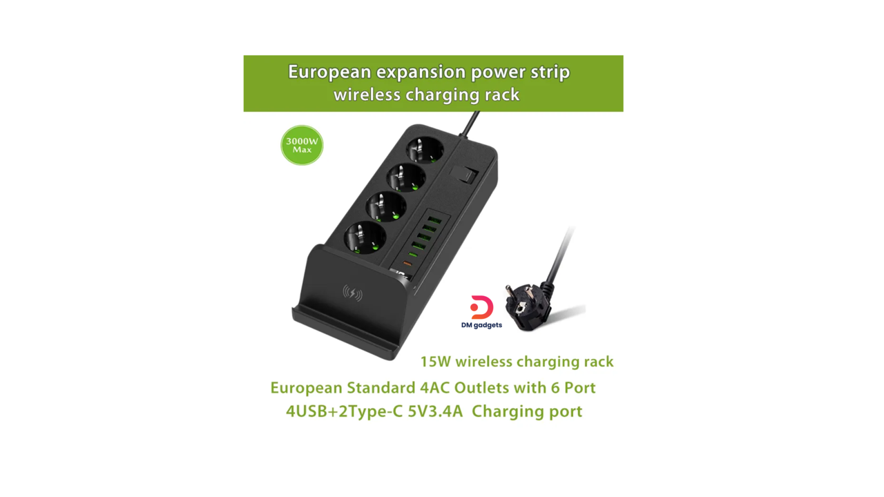 340A3#Kouvolsen®KOS-27011 socket power strip with Wireless Charging, 4 USB ports, and 2 Type-C ports-EU-Plug-Black