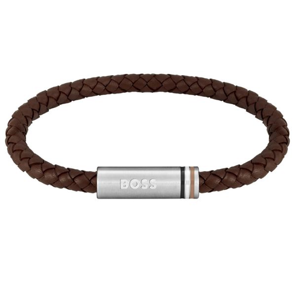 Hugo Boss Men's Single Braided Brown Leather Bracelet