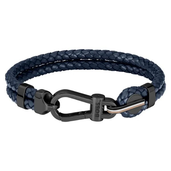 Hugo Boss Men's Blue braided-leather cuff with black carabiner closure