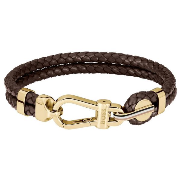 Hugo Boss Men's Brown braided-leather cuff with gold-tone carabiner closure