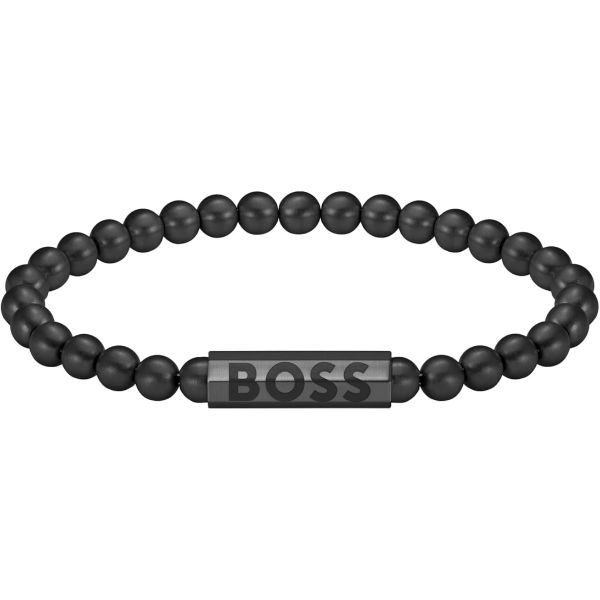 Hugo Boss Alen Men's Black-beaded cuff with logo closure Bracelet