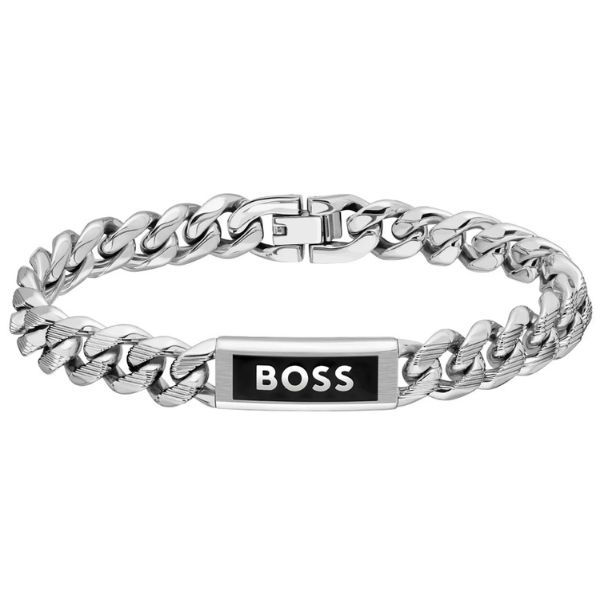 Hugo Boss Alen Men's Silver-tone chain cuff with logo plate Bracelet