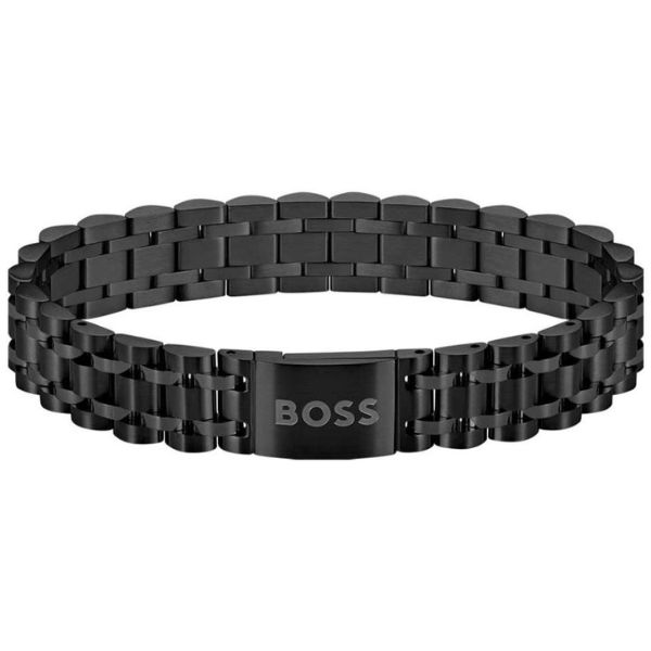 Hugo Boss Alen Men's Black-steel cuff with magnetic logo closure Bracelet