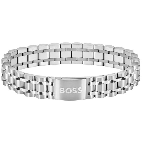 Hugo Boss Alen Men's Silver-tone cuff with magnetic logo closure Bracelet