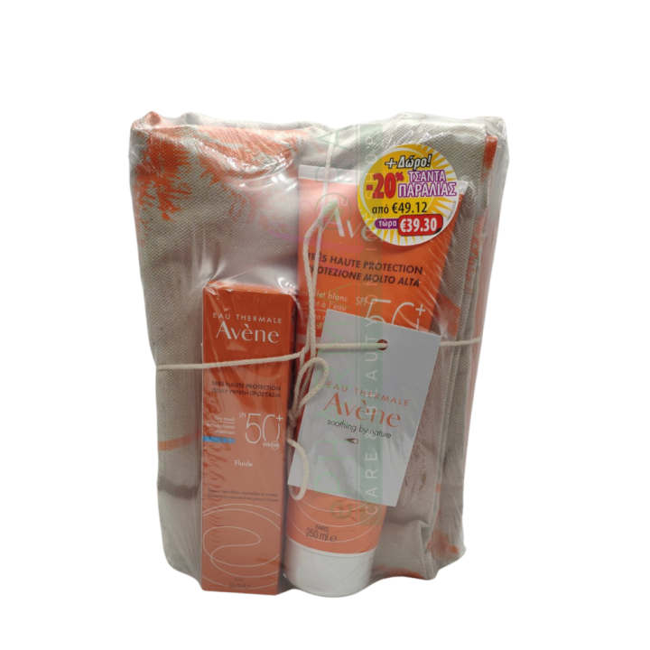 Avene Face Sunscreen Emulsion SPF50+ 50ml & Sunscreen Body Milk SPF50 250ml & Gift Beach Bag