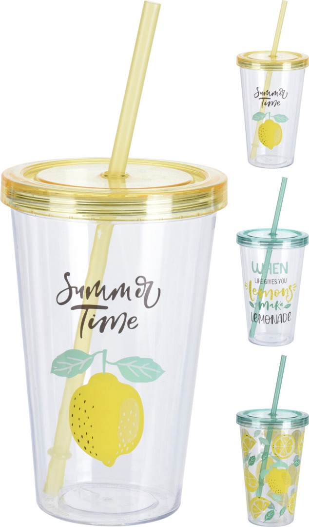 DRINKING MUG WITH STRAW 600ML 3 ASSORTED DESIGNS