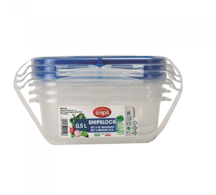 SNIPSLOCK FOOD CONTAINER SQUARE 0.5L 3PCS