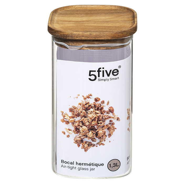 5Five 179616 Jar Glass + Acacia Hermet 1.3L