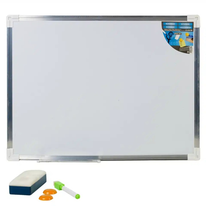 White board with aluminum frame, includes marker, memo magnets, eraser, eraser holder. 60.5X45.5CM