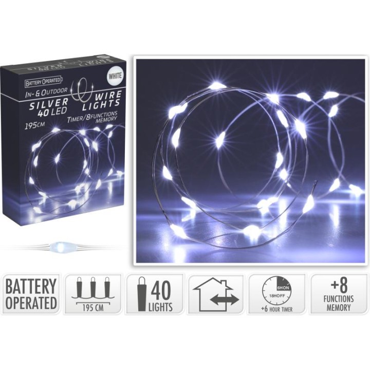 SILVER WIRE 40 LED LIGHTS 195CM - WHITE
