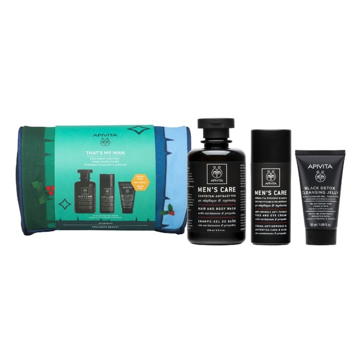 Apivita Set That's My Man Mens Care Hair & Body Wash 250Ml + Mens Care Anti Wrinkle Face Eye Cream 50Ml + Black Detox Cleansing Face Eyes Gel 50Ml