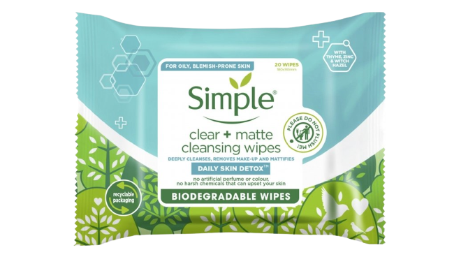 Simple Daily Skin Detox Clear + Matte Biodegradable Wipes with vitamin B3 cleansing make-up remover for oily skin 20 wipes