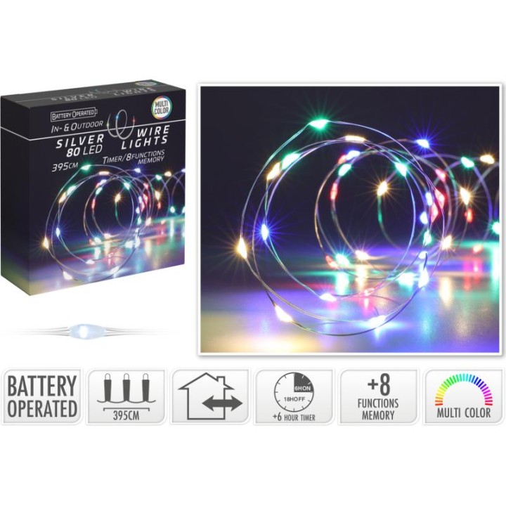 SILVER WIRE 80 LED LIGHTS 395CM - MULTICOLOR