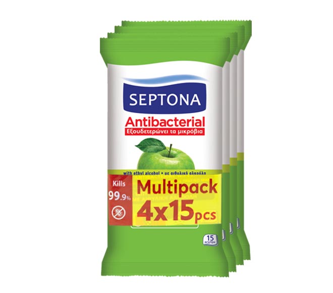 Septona Wet Wipes Antibacterial Green Apple 4X15Pcs With Ethyl Alcohol