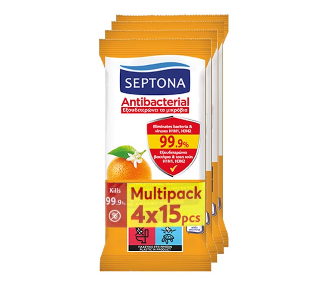 Septona Wet Wipes Antibacterial Orange 4X15Pcs With Ethyl Alcohol