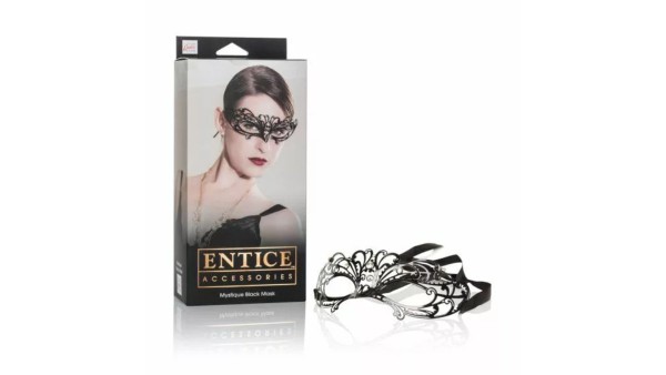 Entice Mystique Black Luxury Masquerade Mask Black Metal & Crystal Silky Ribbon
