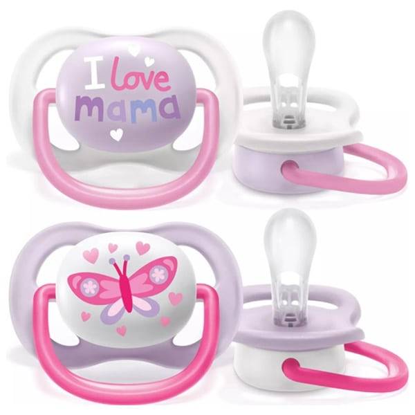 Philips Avent Ultra Air Happy Silicone Orthodontic Pacifier 0-6M Pink "I Love Mama" & Butterfly Design Scf080/02