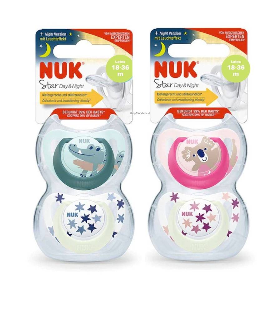 Nuk Star Day & Night Soother 8-36M  Assorted Colors & Designs  2Pcs
