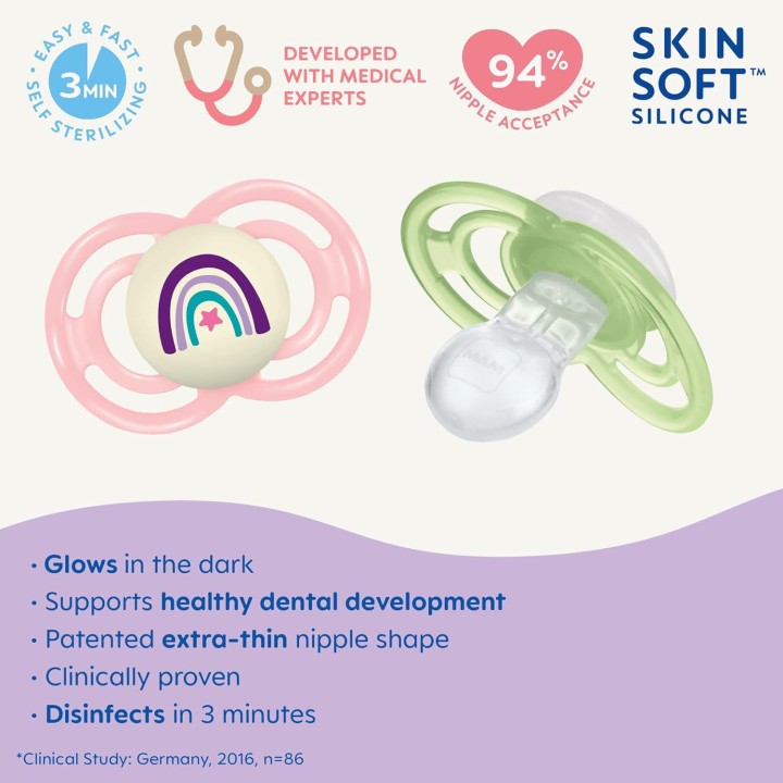 Mam Perfect Night Baby Infant Pacifier Patented Nipple Glows In The Dark 2 Pack 16 Months Pink 2 Count Pack Of 1