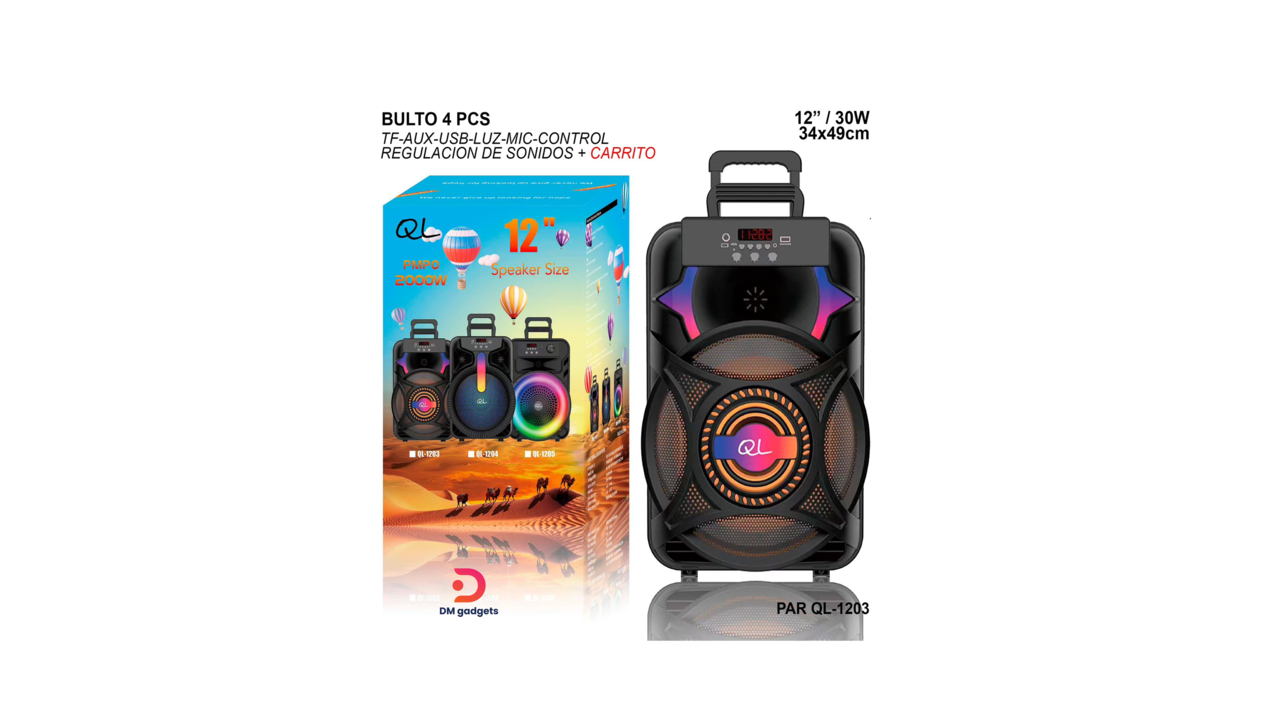 604K#QL®1203 Dual 12″2000W Powerful Trolley Bluetooth Speaker with Mic – Black