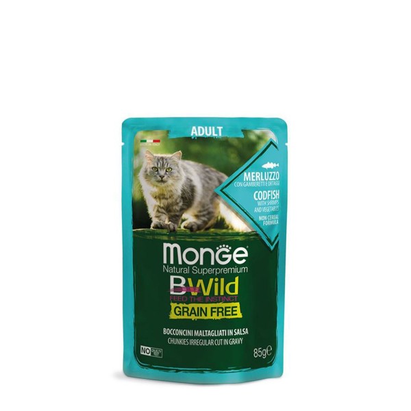 Monge Bwild Grain Free Chunkies Irregular Cut In Gravy Codfish With Shrimps And Vegetables Adult - 85gr