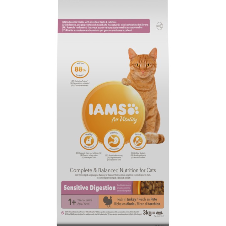 Iams Adult Dry Cat Food Sensitive Digestion Turkey - 3 Kg