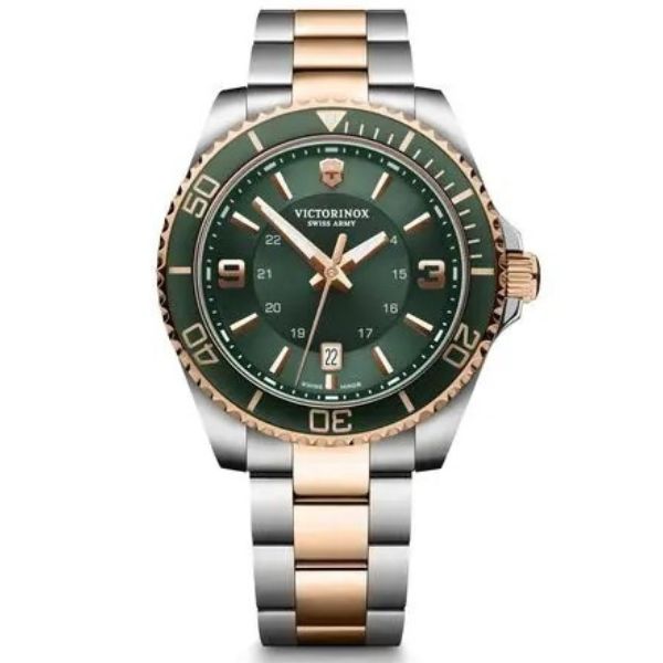 Maverick 43, Silver/Rose Gold Tow-Tone Stainless Steel Case, Green Stainless Steel Bezel, Green Dial, Silver/Rose Gold Bracelet (242008)