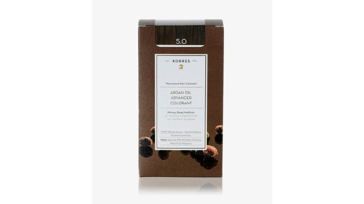 Korres Argan Oil Advanced Colorant 5.0 Light Brown Natural Permanent Hair Dye with Pigment Lock Technology that locks in the Color, 50ml