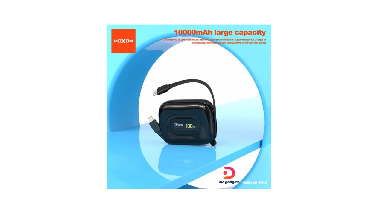 177C#MOXOM®MX-PB181 LCD Display-fast charging 22.5W 10000mAh with type-C and Lightning cables Power Bank-Black