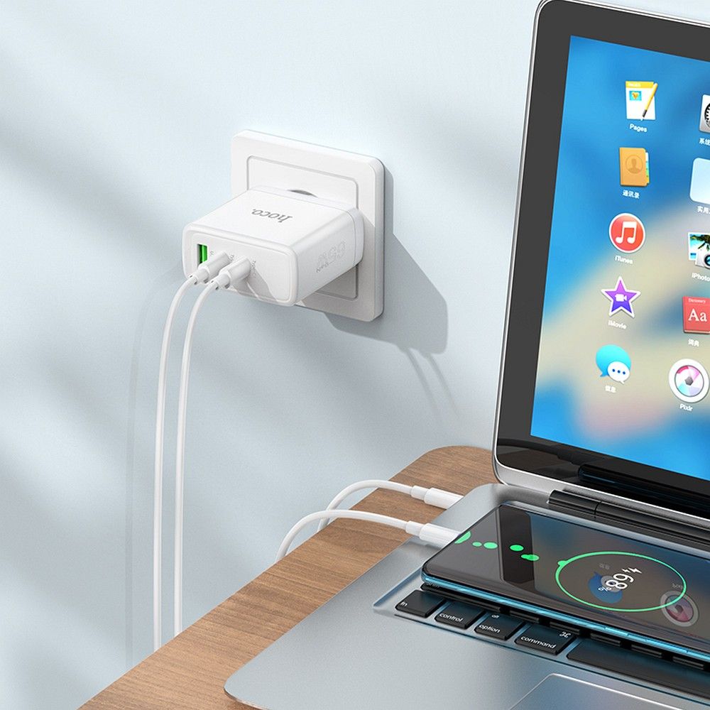 Phone charger Hoco 2 x USB C + USB A GaN QC PD 65W N30 white