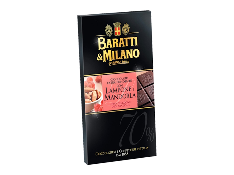 Baratti & Milano Chocolate Extra Dark 70% Raspberry Almond 75g, Italy