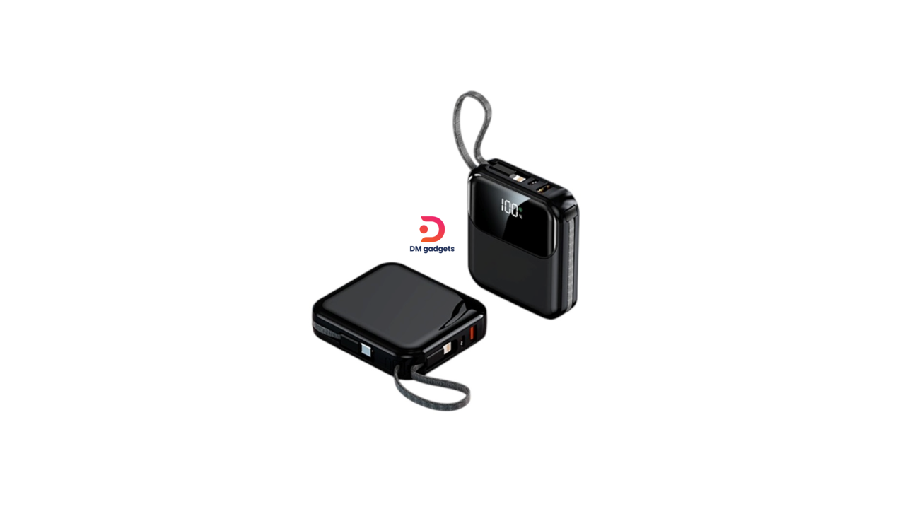177E#DX337®10.000mah-Powerbank Mini – Fast Charge-Build-in type-C/Lightning wires –Black