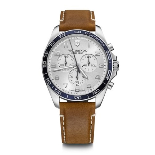 Fieldforce Classic Chronograph, 42, Blue Bezel, Silver White Dial, Brown Leather Strap (241900)