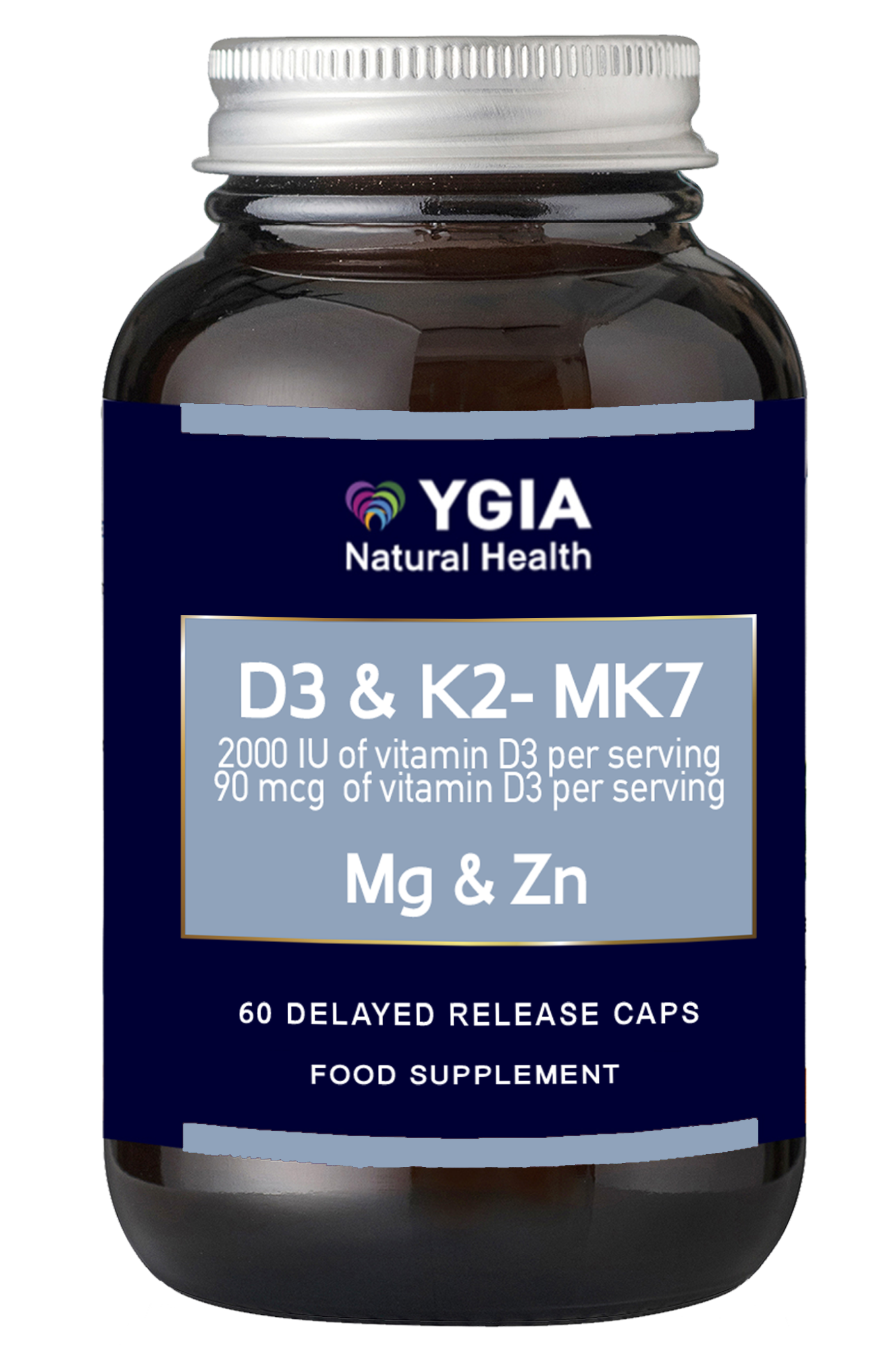 Vitamins D3 2,000 I.U. - 90 mcg of  K2- MK7, Magnesium & Zinc ♦ 60 Enteric DRCaps ♦ Amber Glass Bottles ♦ 100% Natural ♦ Non-GMO ♦ Gluten & Dairy Free ♦ No Additives
