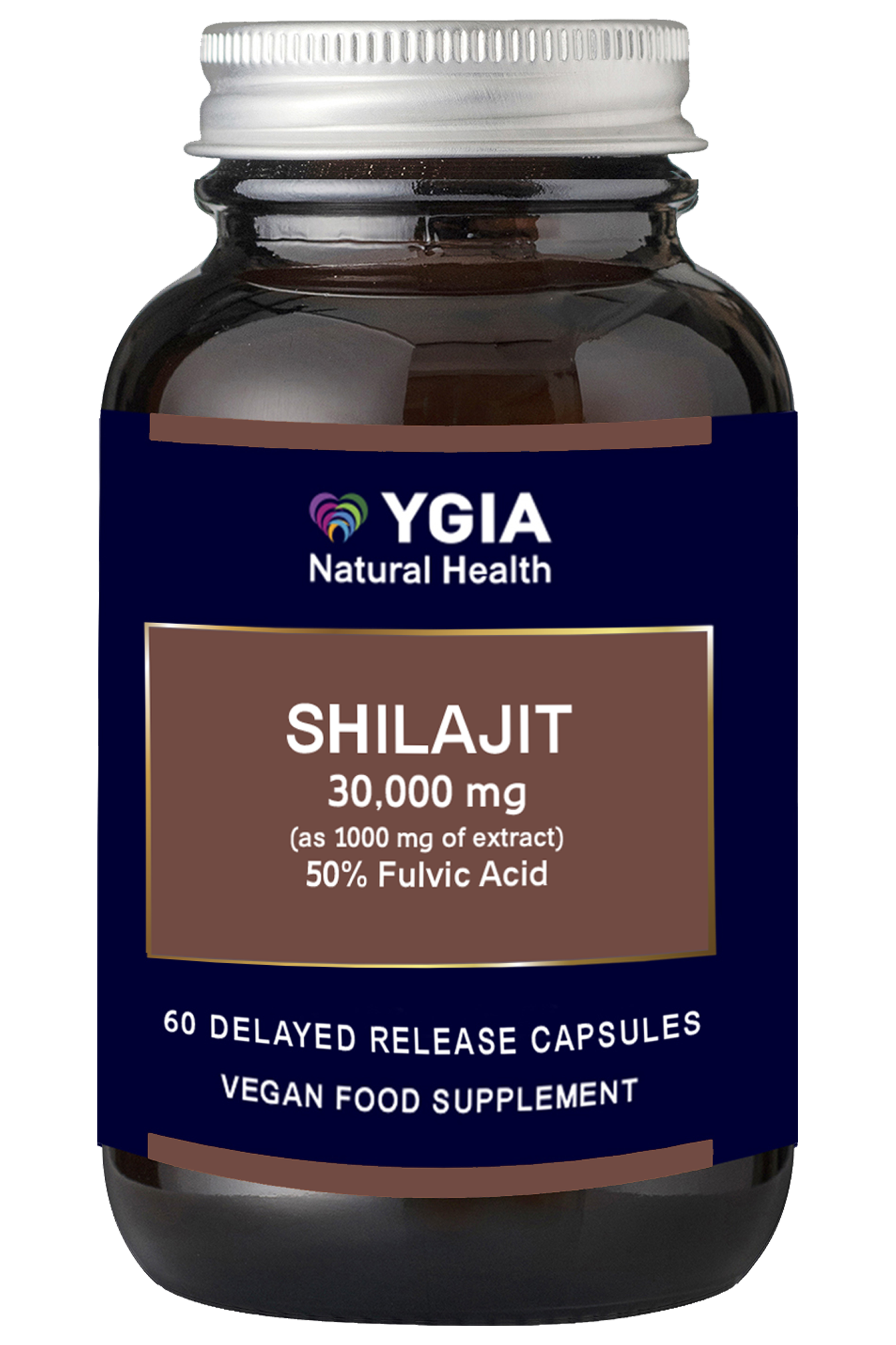 SHILAJIT 30,000 mg - 50% Fulvic Acid - Natural Booster - Energy & Stamina 60 delayed release vegan caps Χ 500 mg  ♦Amber Glass Bottles ♦ NO Additives ♦100% Shilajit