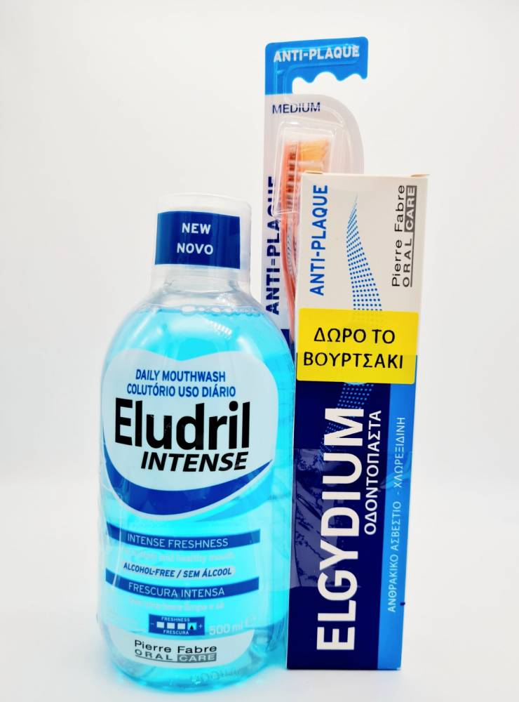 Eludril Kit Intense Freshness Includes Eludril Intense Mouthwash 500ml, Anti-Plaque Toothpaste & Free Anti-Plaque Medium Toothbrush