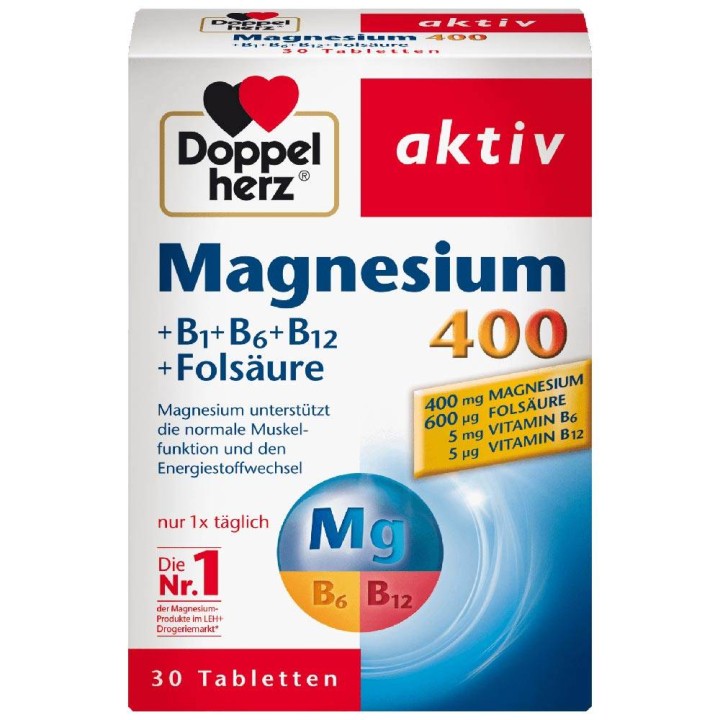 Doppelherz Magnesium 400Mgb, B6, B12 & Folic Acid for Healthy Bones 30 Tablets