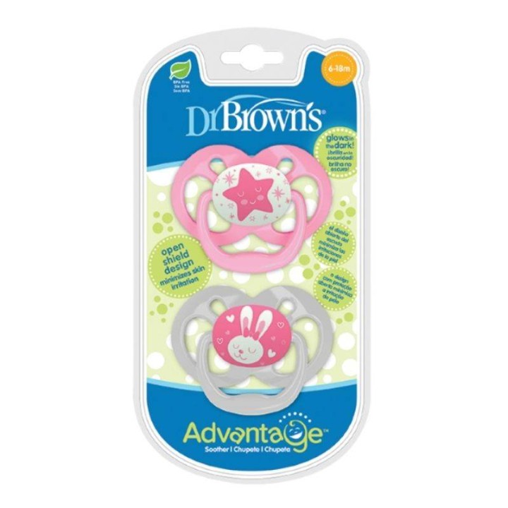 Dr. Brown's Advantage Glow In The Dark Pacifier 06-18M Pink