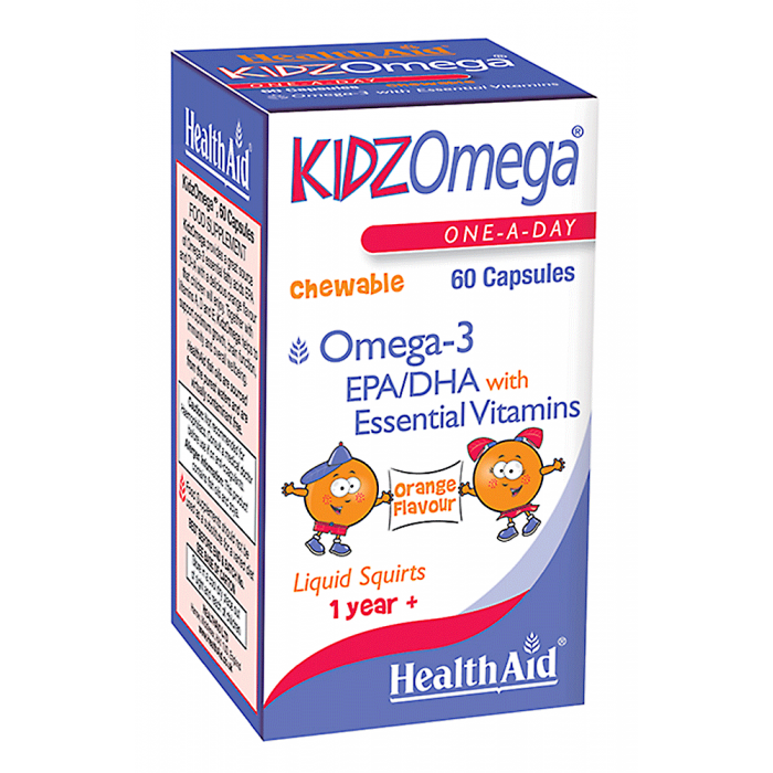 Health Aid Kidz Omega Chewable Omega 3 With Essentials Vitamins Orange Flavor 60 Capsules